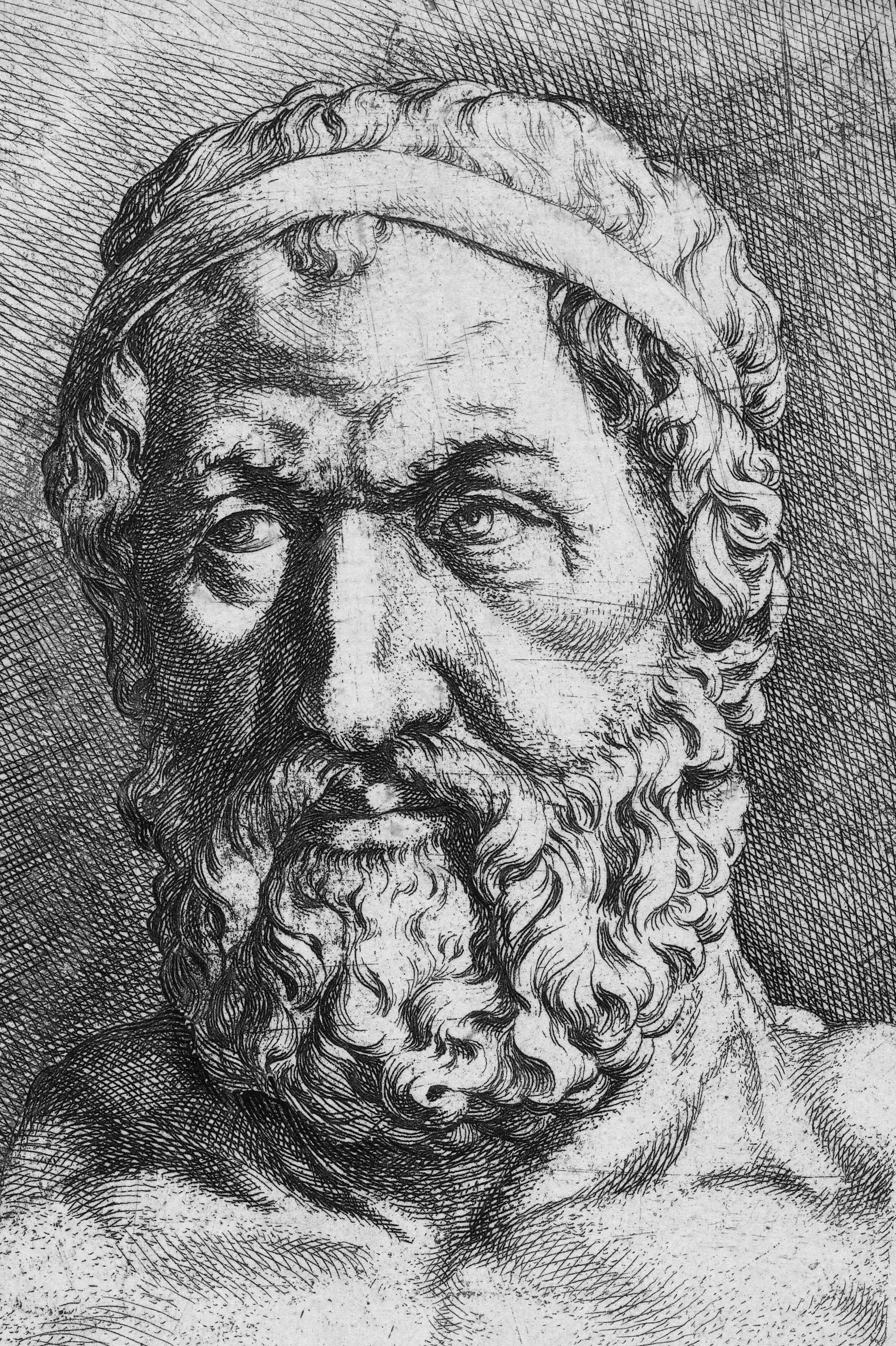 Engraved portrait of Zeno of Elea, the pre-Socratic Greek philosopher
